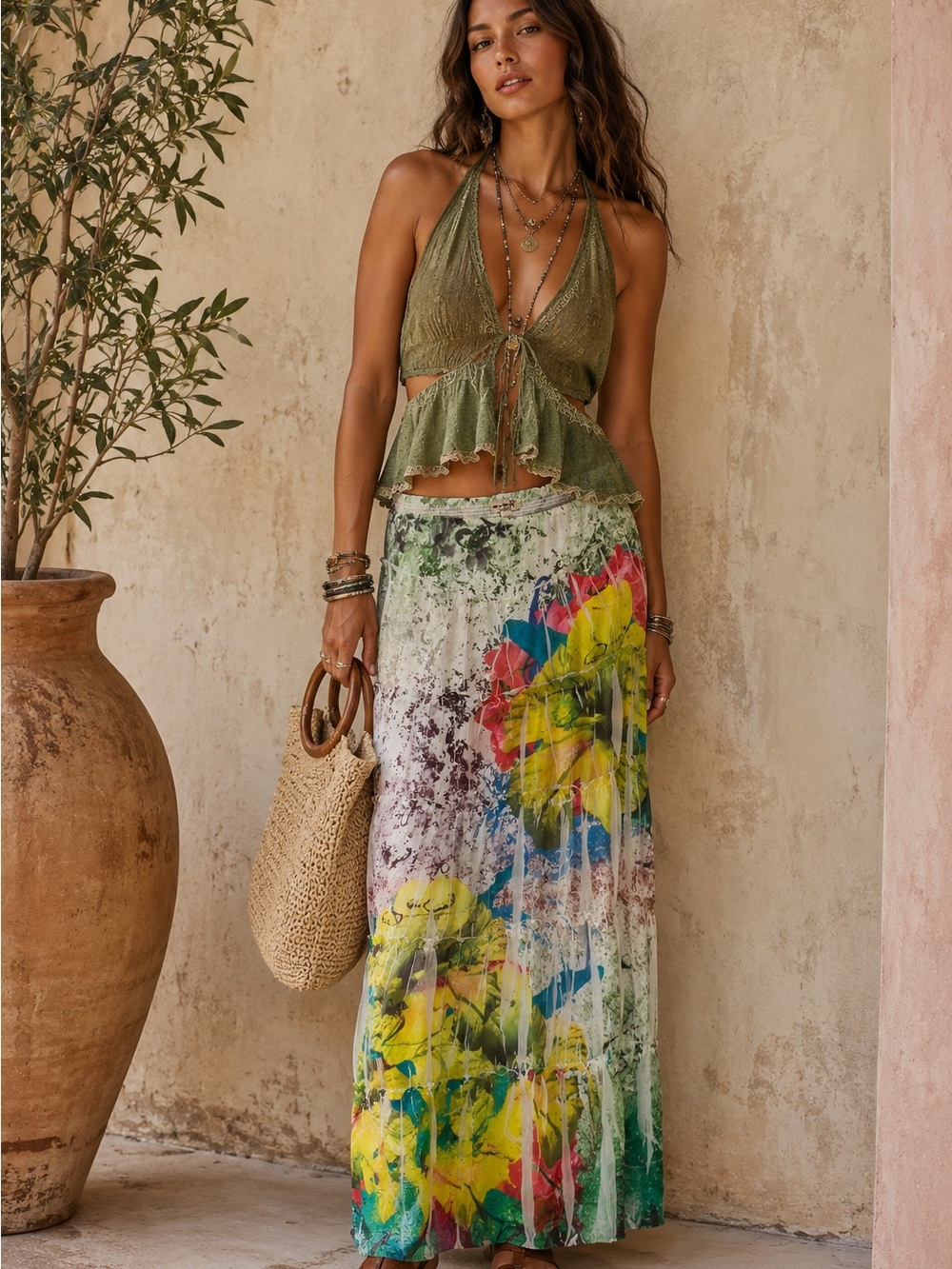 ONE WORLD Multicolor Floral Pleated Maxi Skirt